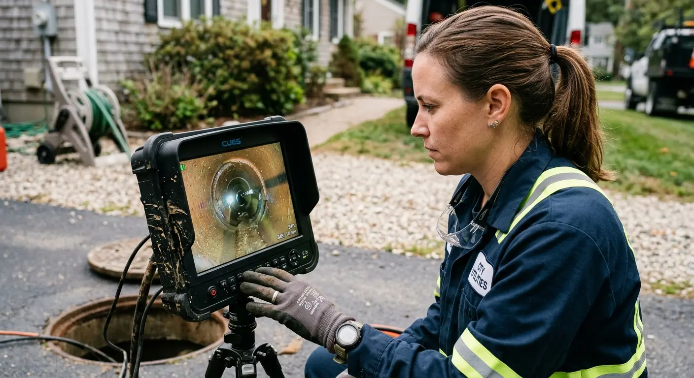 Technician reviewing sewer camera inspection footage in Newburyport