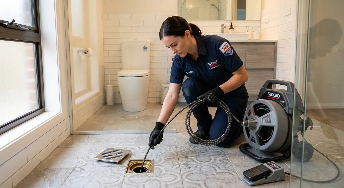 Technician clearing a bathroom floor drain for Sewer Line Replacement in Newburyport